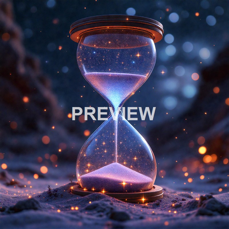 An illuminated hourglass with a starry, cosmic background, featuring glowing particles and a surreal, magical atmosphere.